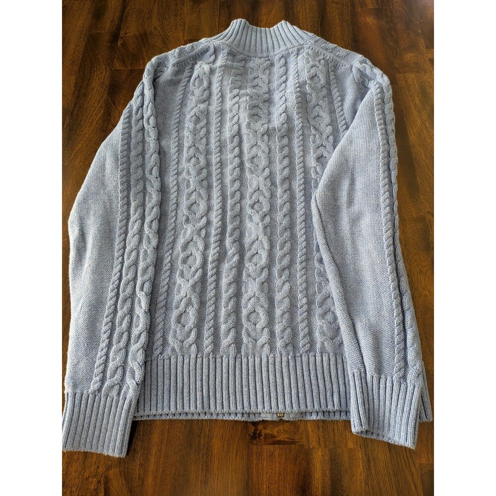 L.L.Bean Cable Knit Full Zip Sweater Size L Blue 100% Cotton Cardigan Cozy - Picture 5 of 8